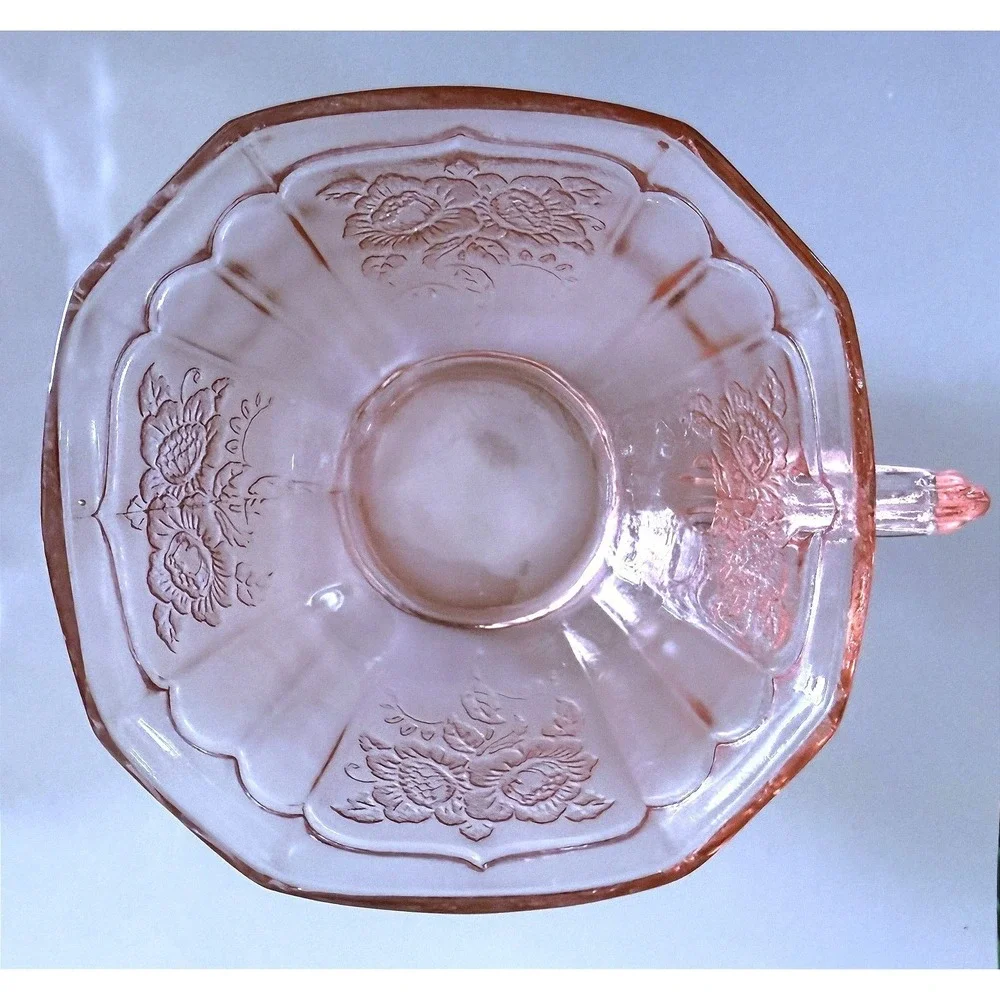 Anchor Hocking Mayfair Open Rose Cup, 2 Saucers Pink Depression Glass 1930s